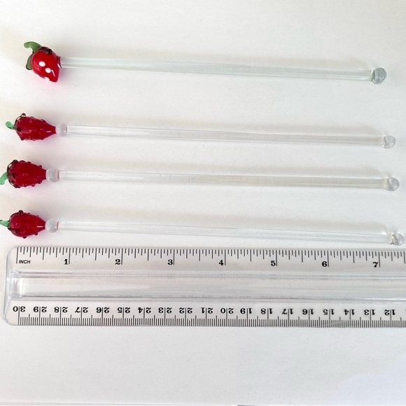 Glass Swizzle Stir Sticks Lot Of 4 Strawberries Hand Blown Art Strawberry - Picture 8 of 8